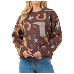 Brown Patterned Women's Crew Neck Sweater